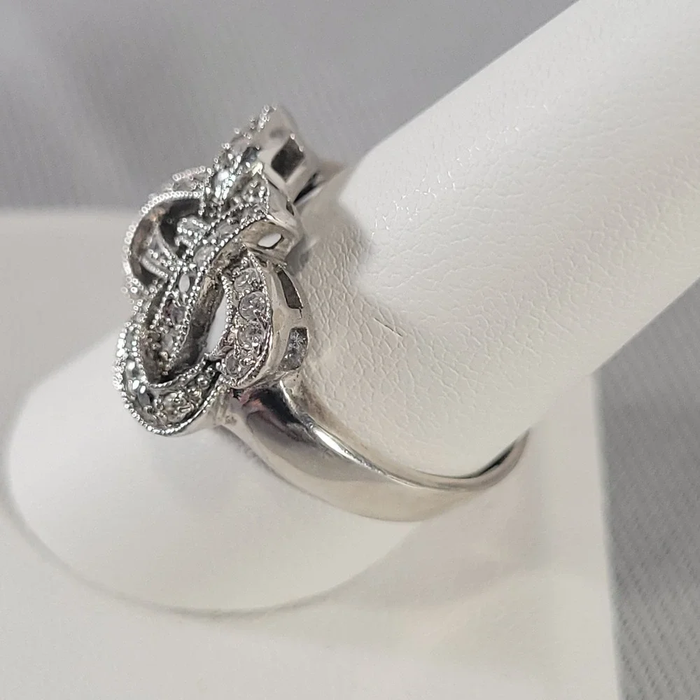 Sterling Silver Knot Heart Ring Womens Size 9.5 Clear Rhinestone Pave 925